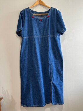 Nick & Sarah Denim Midi Dress Womens L Blue Embroidered Lady Bugs Cottage 90s